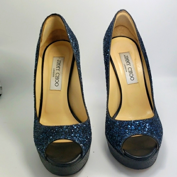 Jimmy Choo Blue Sparkle Platform Heel - Picture 2 of 10